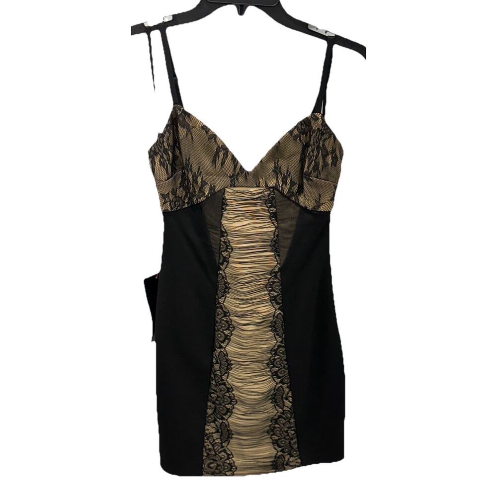 bebe Lace Mixed Contrast Dress black fringe XS